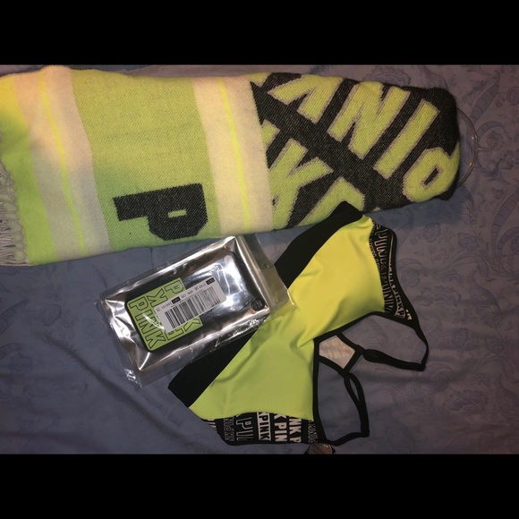 VS PINK Neon Citrus Bra, Case, Scarf Bundle Large - Picture 5 of 5